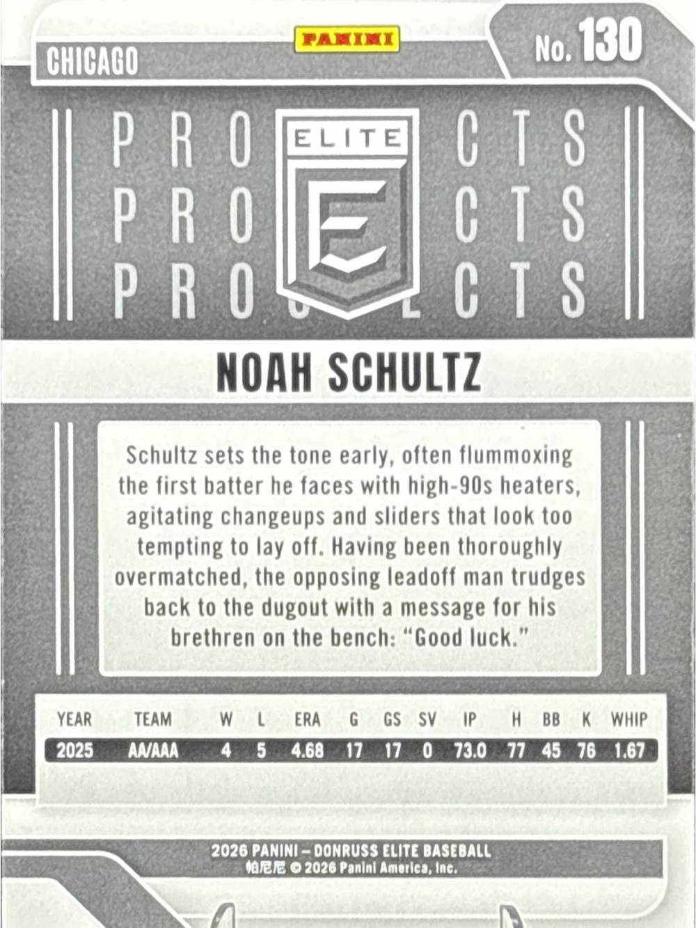 Panini Elite Prospects Noah Schultz Baseball Card - Picture 2 of 2